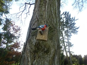 Drewniana imitacja ptaka zamontowana na drzewie w zabytkowym parku w sołectwie Skic, w gminie Złotów